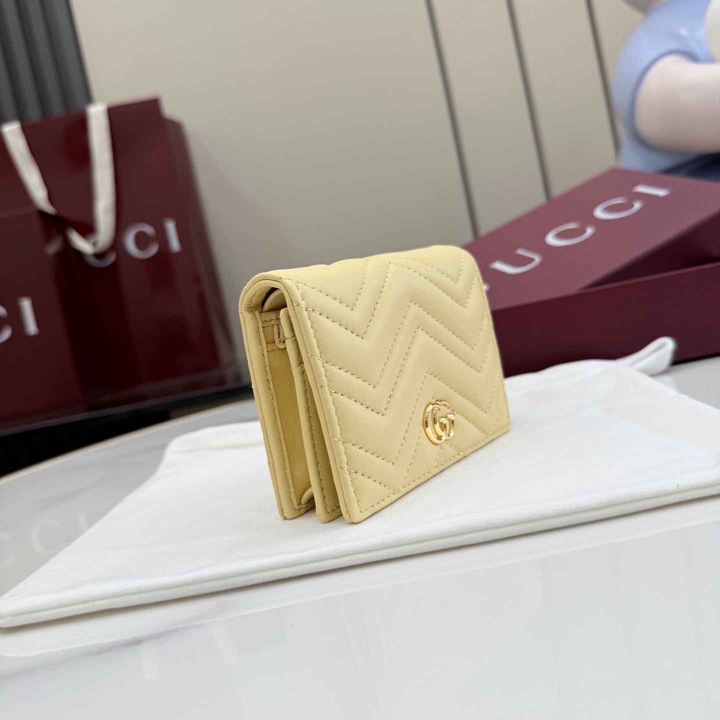 Gucci GG Marmont Yellow Lambskin Leather Double G Quilted Wallet