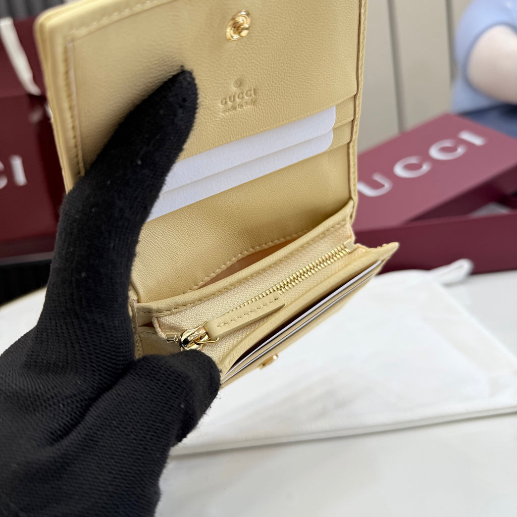 Gucci GG Marmont Yellow Lambskin Leather Double G Quilted Wallet