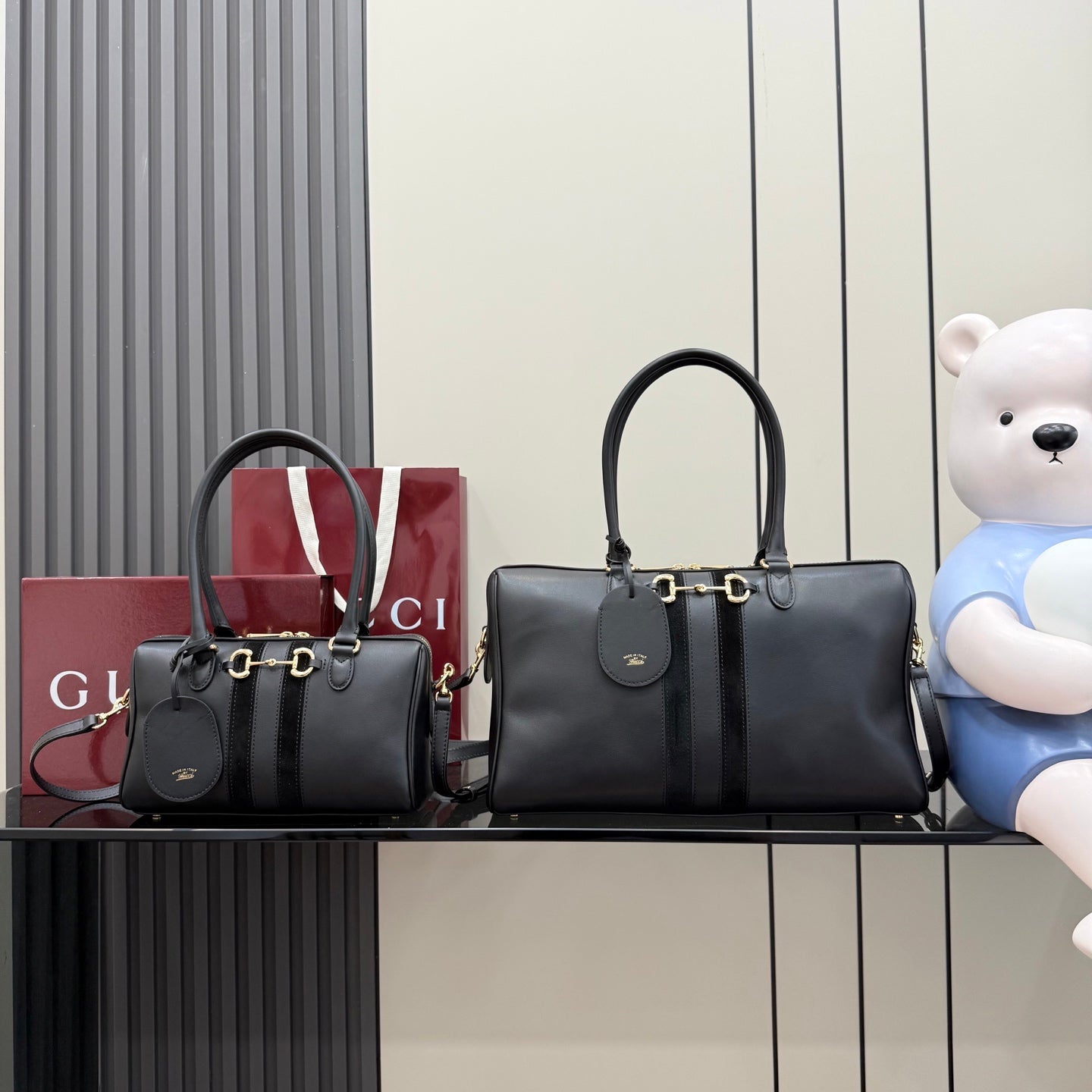 Gucci Black Leather Horsebit Striped Handbag