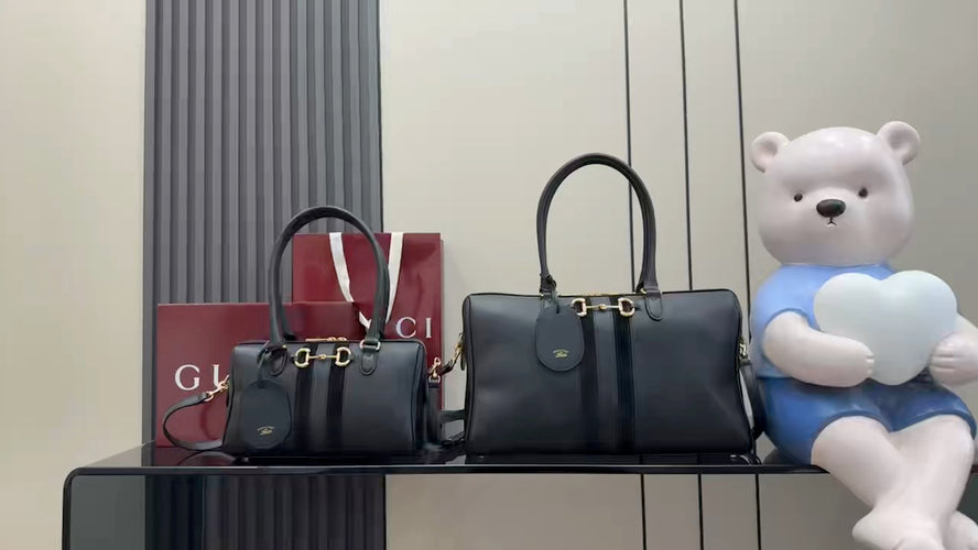 Gucci Black Leather Horsebit Striped Handbag