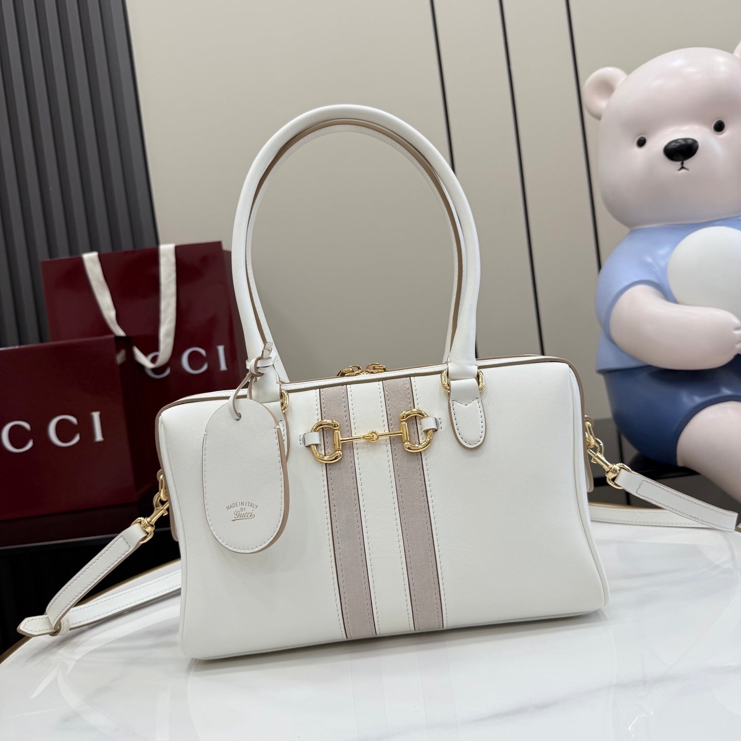 Gucci Black Leather Horsebit Striped Handbag