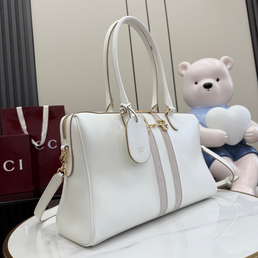 Gucci White Leather Horsebit Striped Quilted Handbag