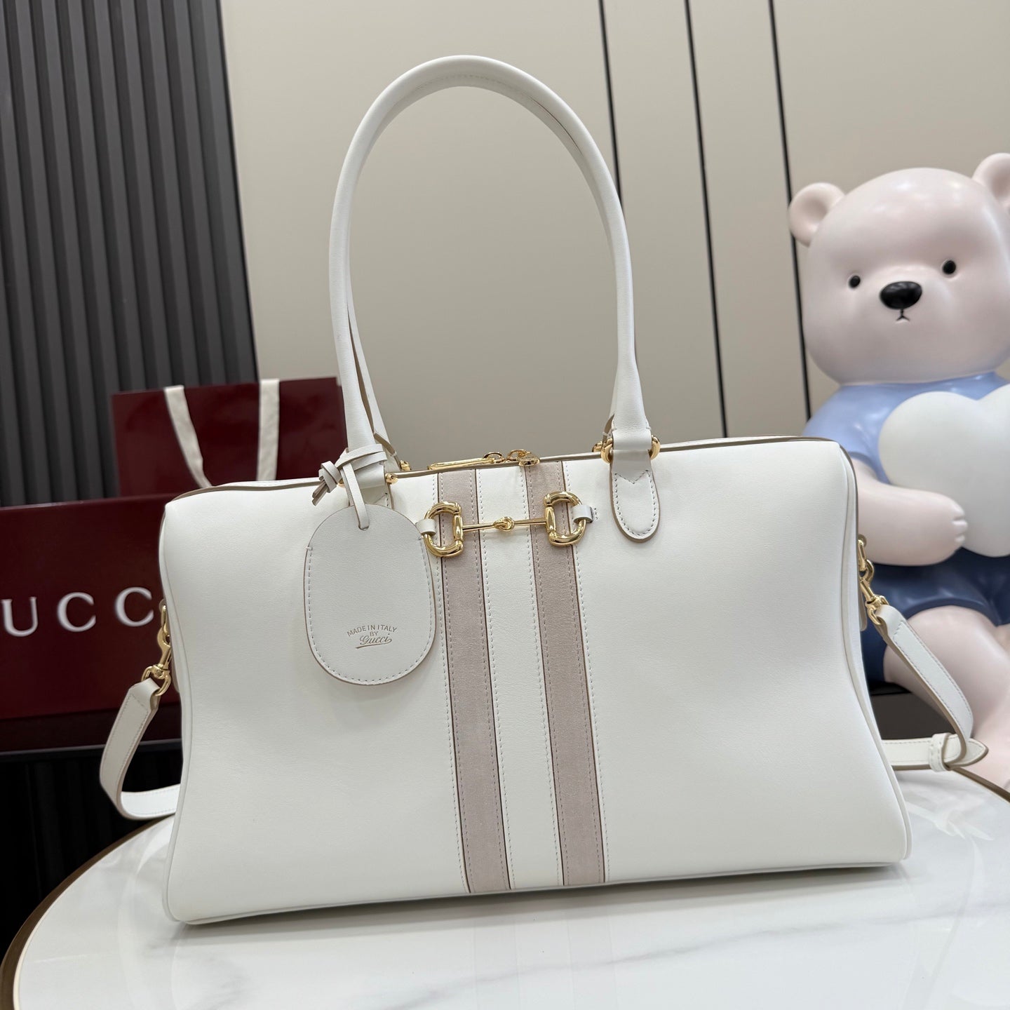 Gucci White Leather Horsebit Striped Quilted Handbag