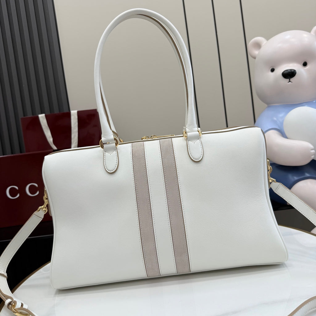 Gucci White Leather Horsebit Striped Quilted Handbag