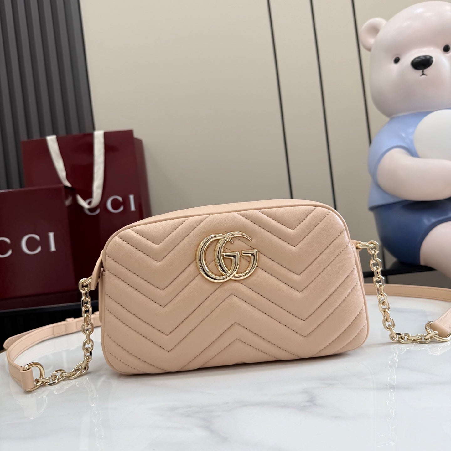 Gucci GG Marmont Beige Lambskin Leather Double G Quilted Backpack