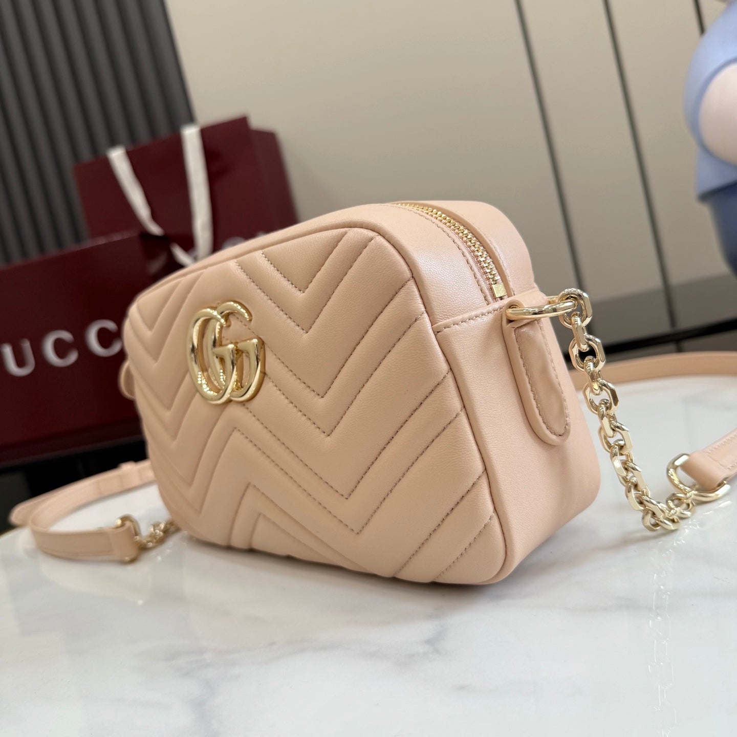 Gucci GG Marmont Beige Lambskin Leather Double G Quilted Backpack