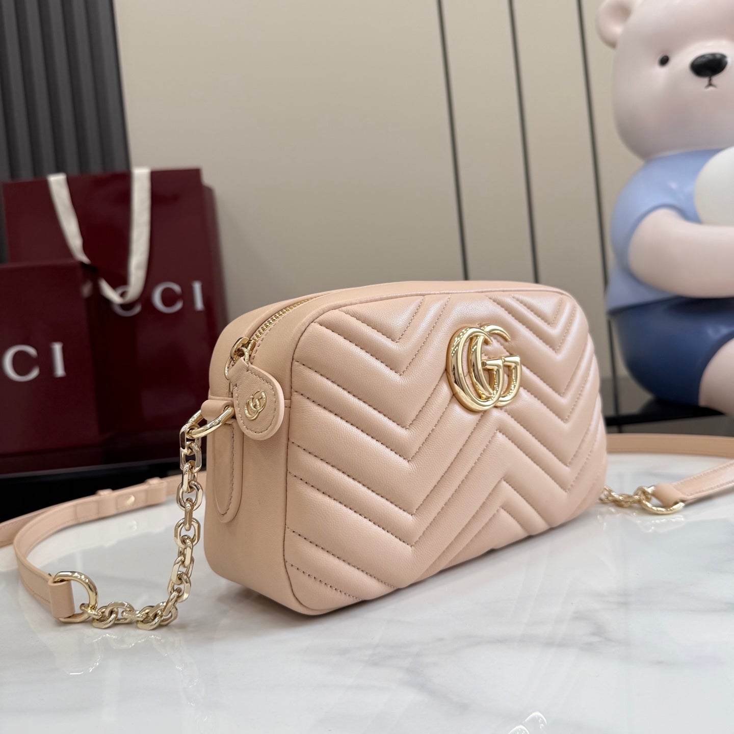 Gucci GG Marmont Beige Lambskin Leather Double G Quilted Backpack