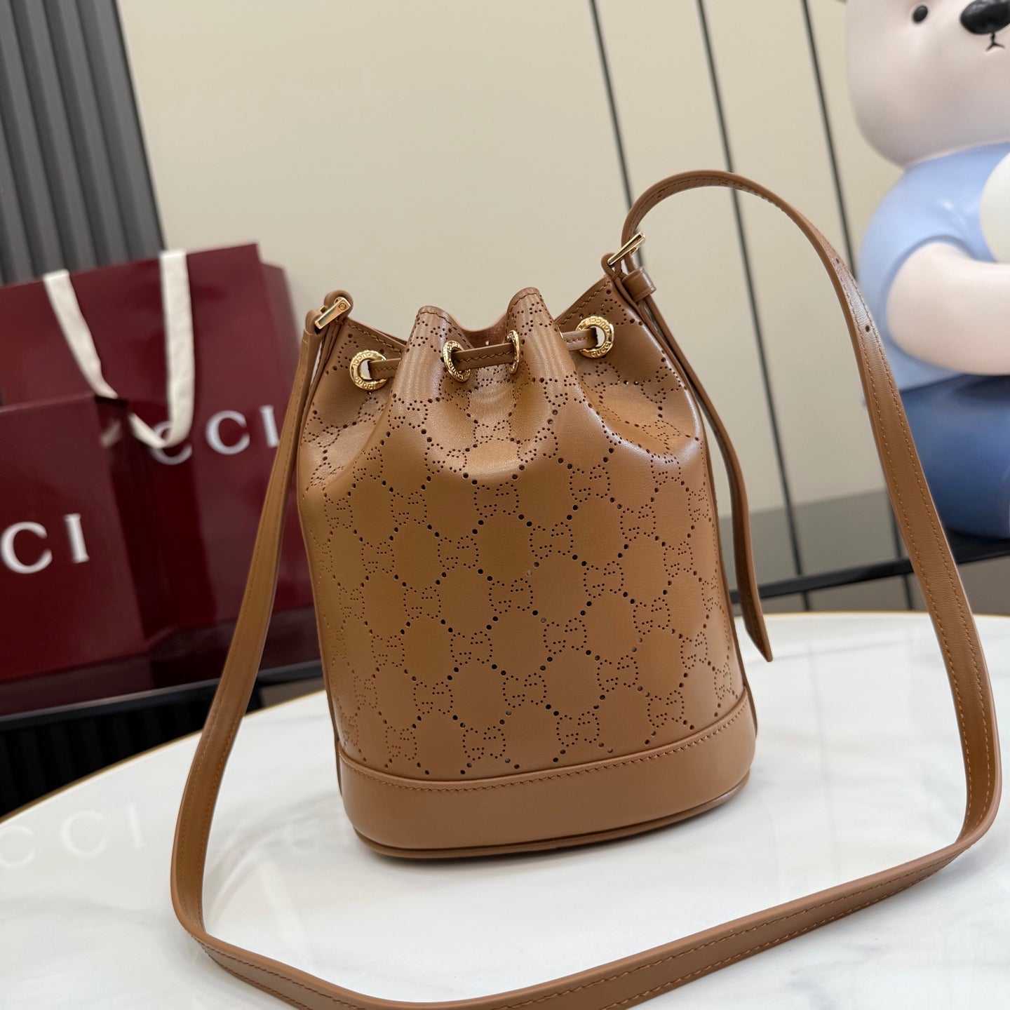 Gucci White Leather Drawstring Tote Bag