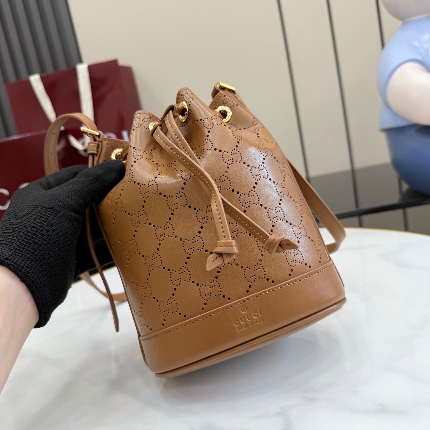 Gucci White Leather Drawstring Tote Bag