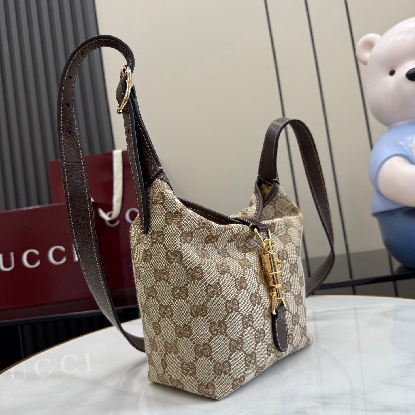 Gucci Brown Leather Lock-Detail Lock Tote Bag