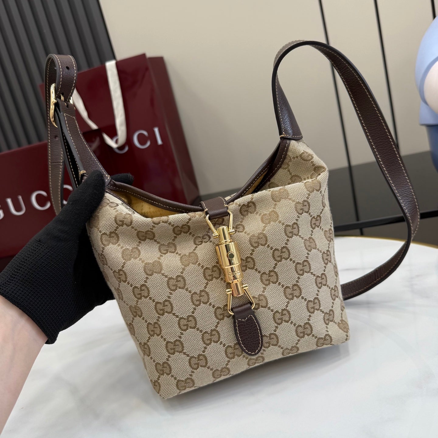 Gucci Brown Leather Lock-Detail Lock Tote Bag