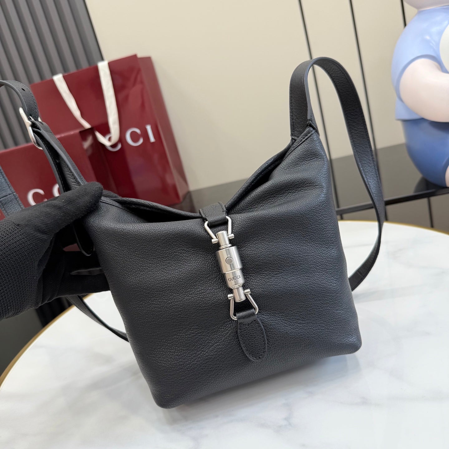 Gucci Black Leather Lock-Detail Lock Handbag