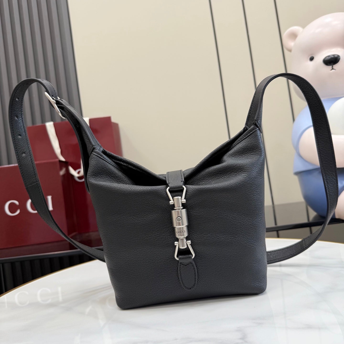 Gucci Black Leather Lock-Detail Lock Handbag