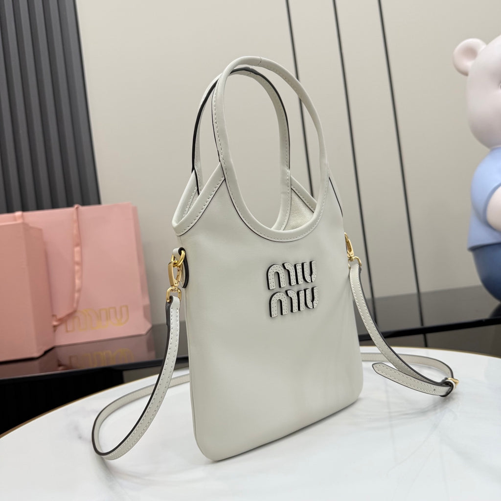 White Leather Letter-Motif Vintage-Finish Tote Bag