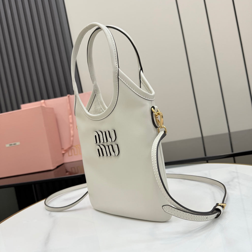 White Leather Letter-Motif Vintage-Finish Tote Bag