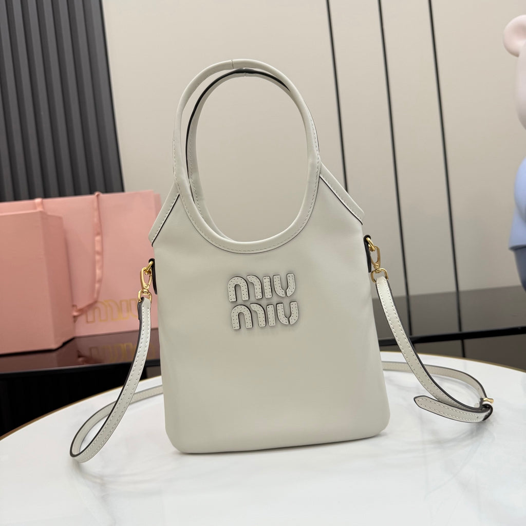 White Leather Letter-Motif Vintage-Finish Tote Bag