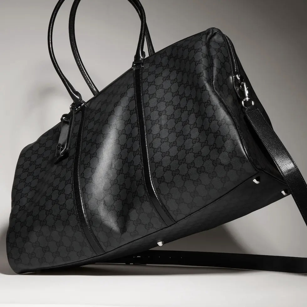 Gucci Black Linen Letter-Motif Vintage-Finish Bag