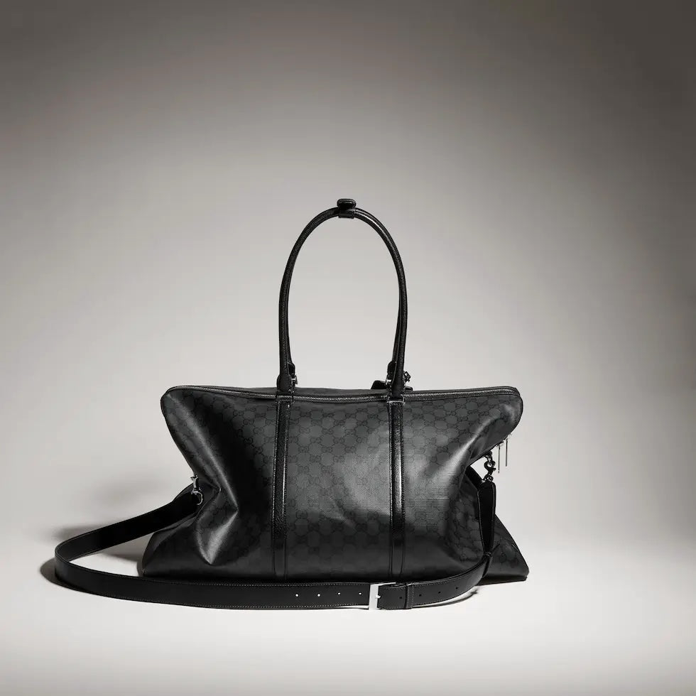 Gucci Black Linen Letter-Motif Vintage-Finish Bag