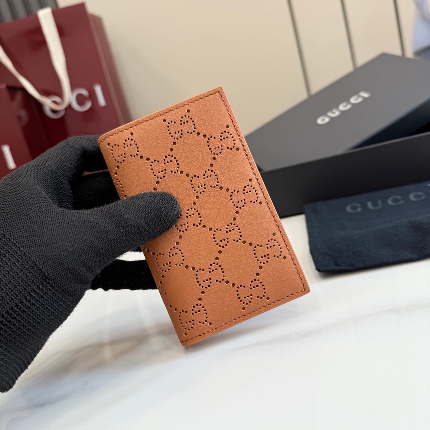 Gucci Brown Leather Openwork Card Holder