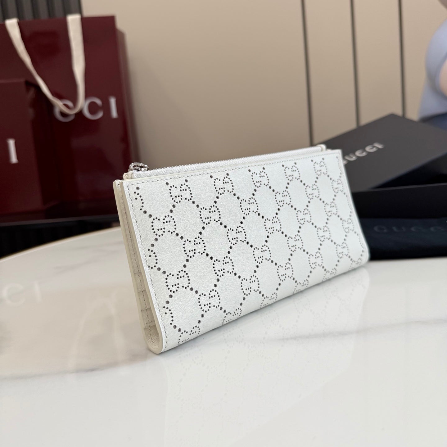 Gucci White Leather Openwork Card Holder