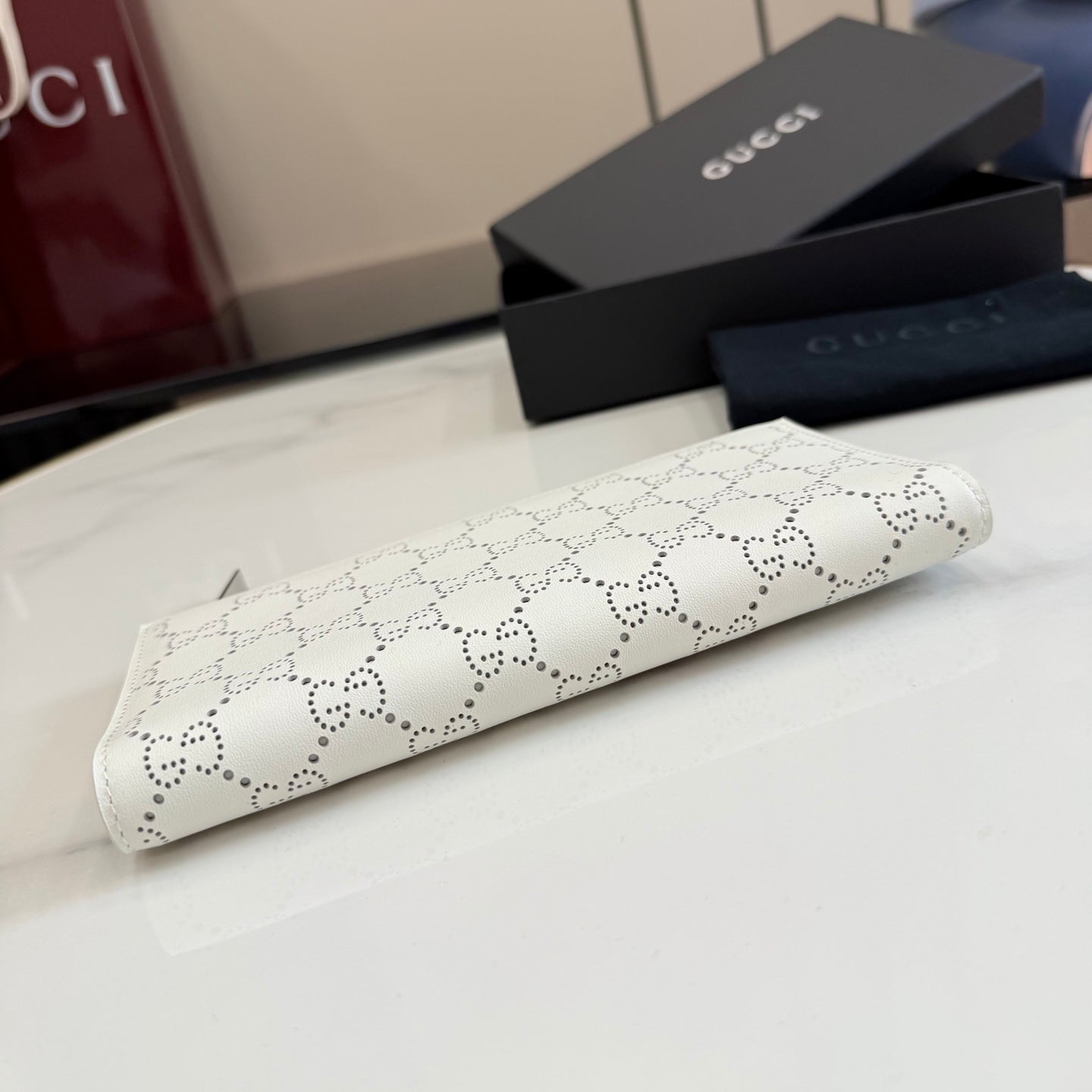 Gucci White Leather Openwork Card Holder