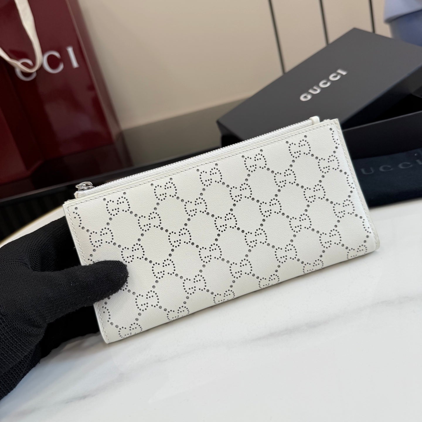 Gucci White Leather Openwork Card Holder
