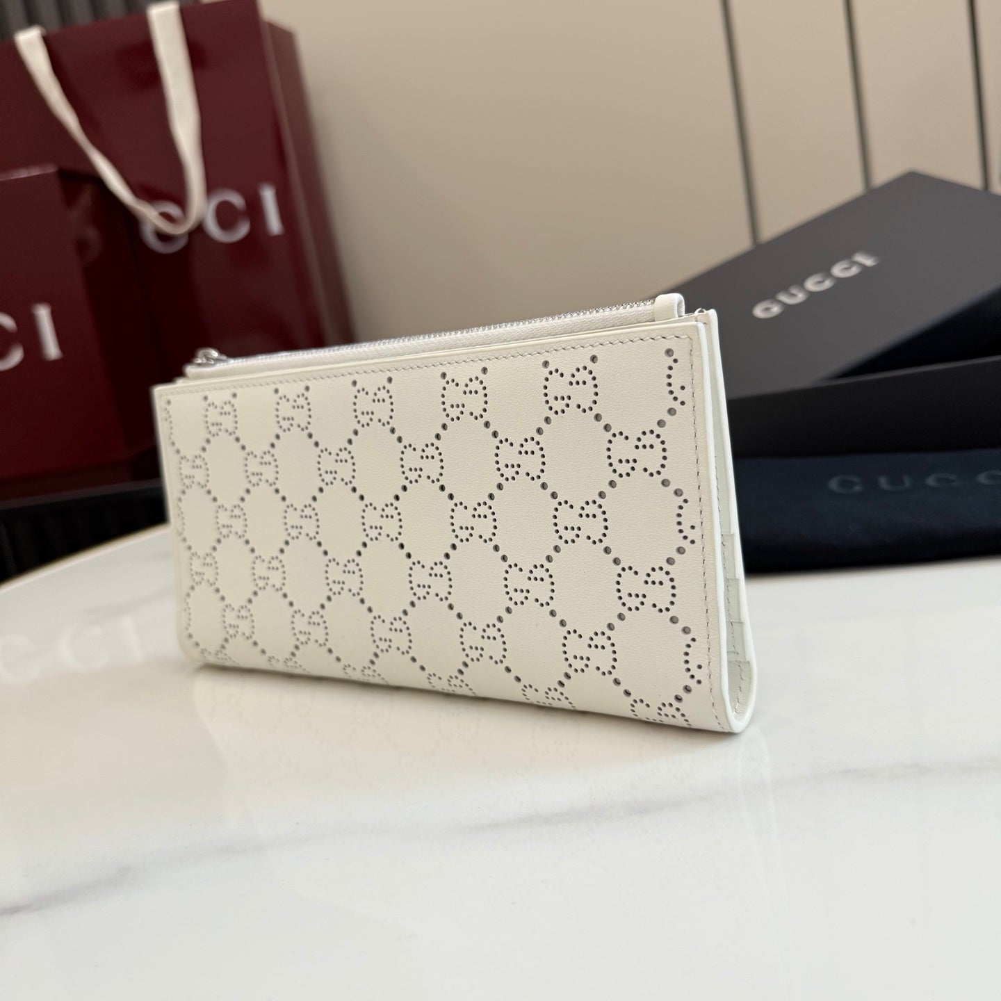 Gucci White Leather Openwork Card Holder