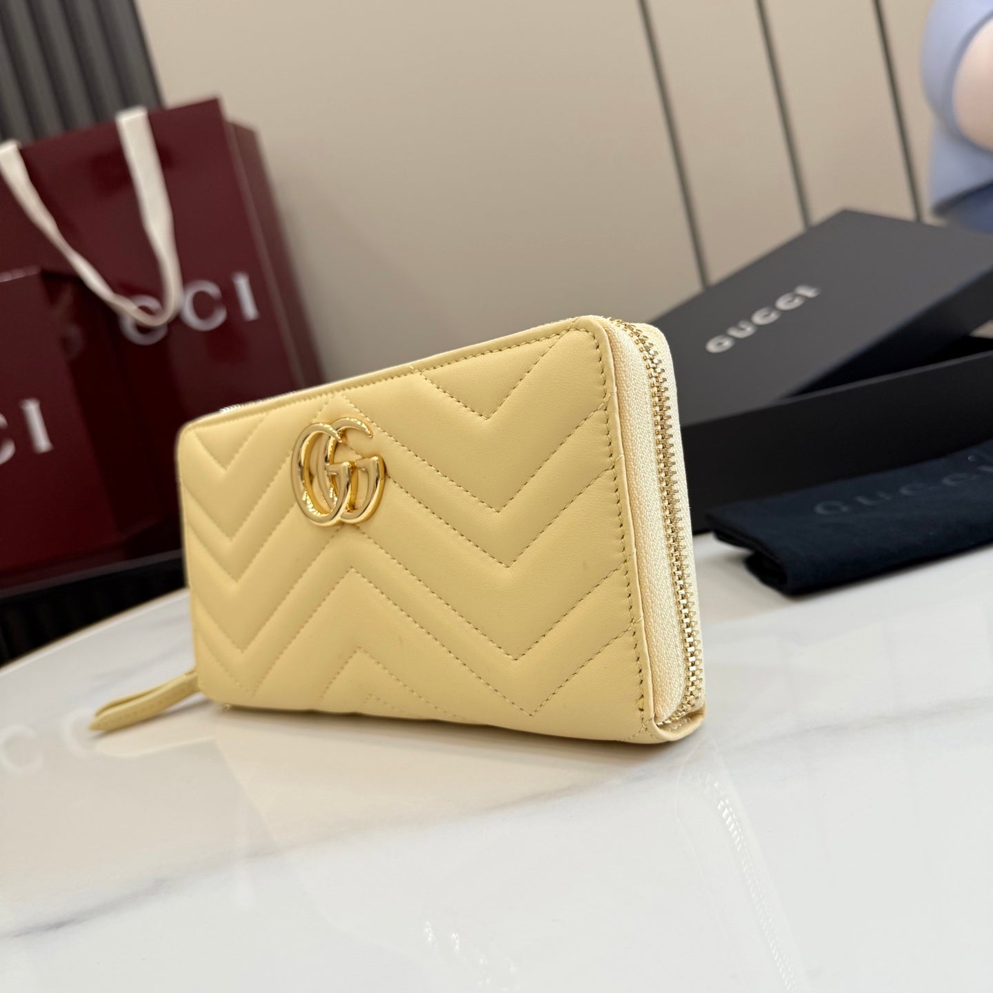 Gucci GG Marmont Yellow Leather Double G Quilted Clutch