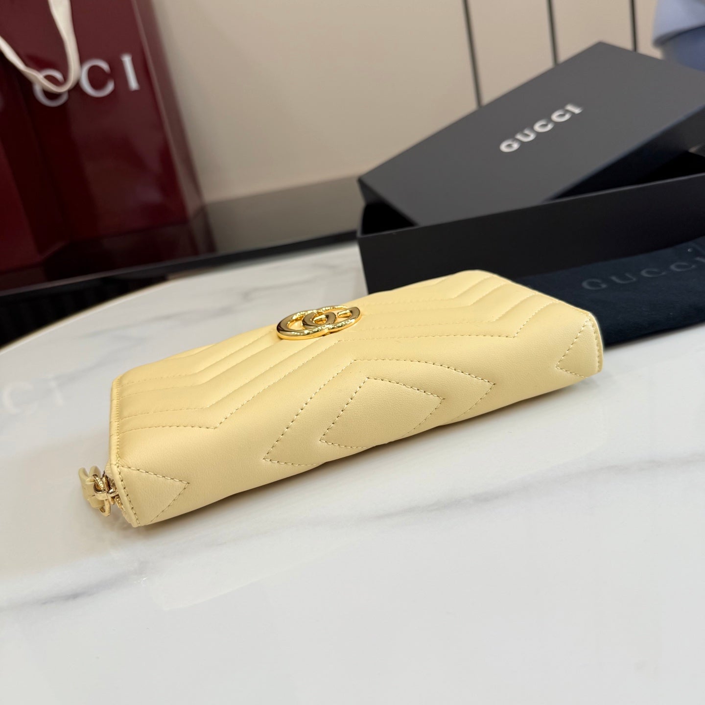 Gucci GG Marmont Yellow Leather Double G Quilted Clutch