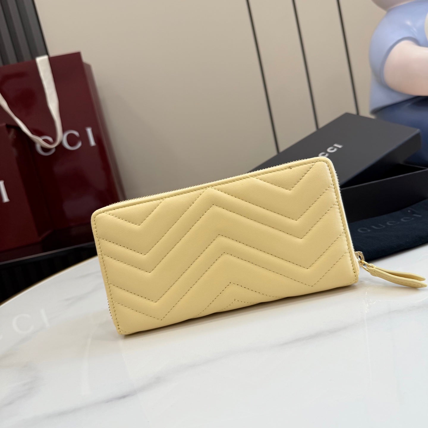 Gucci GG Marmont Yellow Leather Double G Quilted Clutch