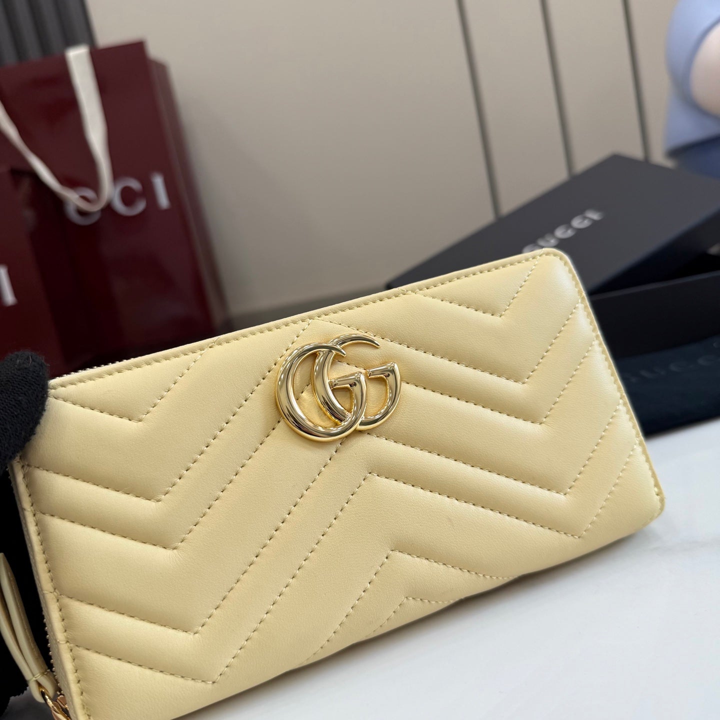 Gucci GG Marmont Yellow Leather Double G Quilted Clutch