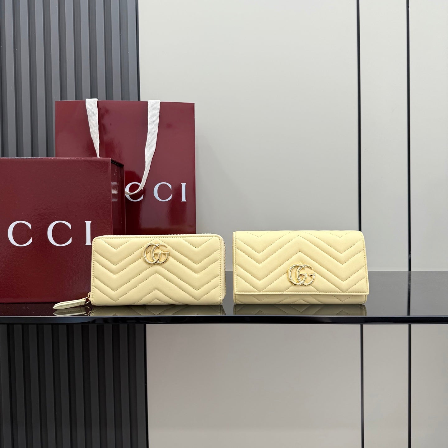 Gucci GG Marmont Yellow Leather Double G Quilted Clutch