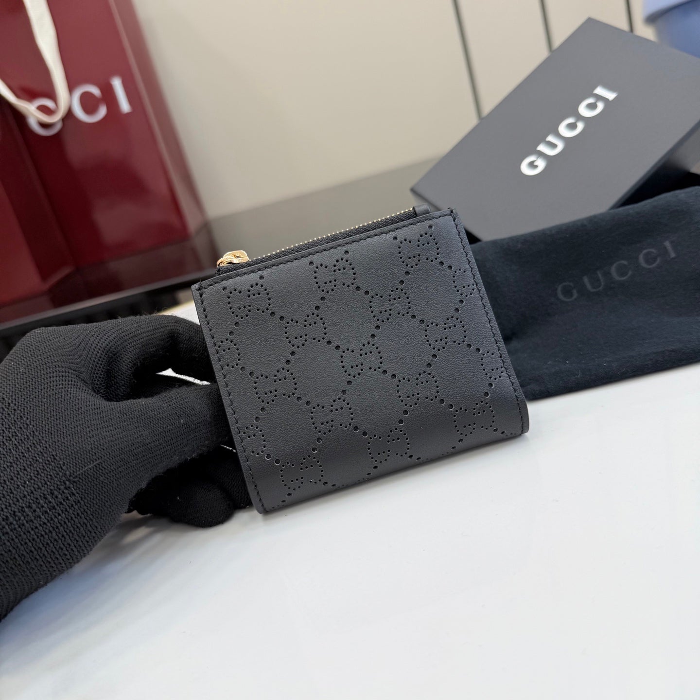 Gucci Black Leather Openwork Wallet