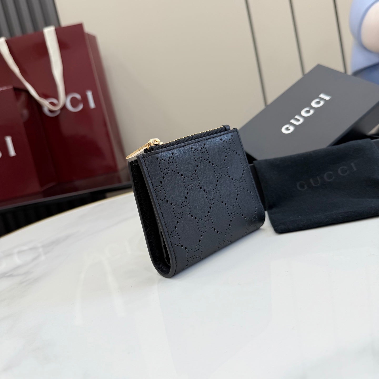 Gucci Black Leather Openwork Wallet