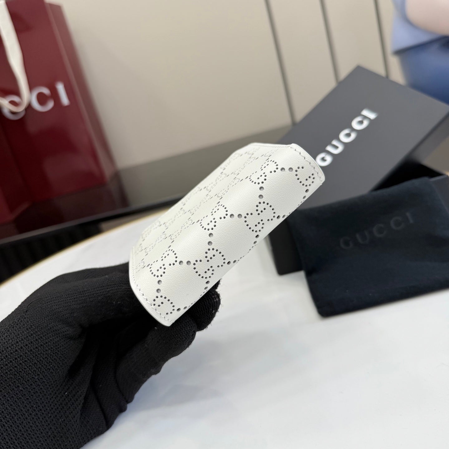 Gucci White Leather Openwork Wallet