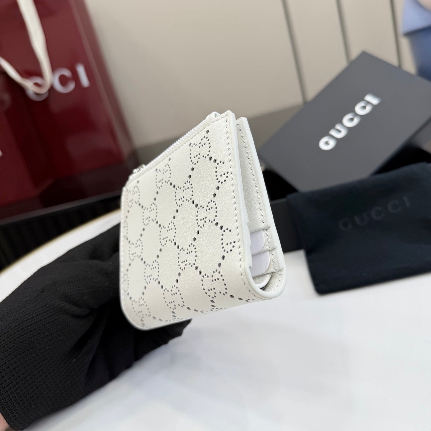 Gucci White Leather Openwork Wallet