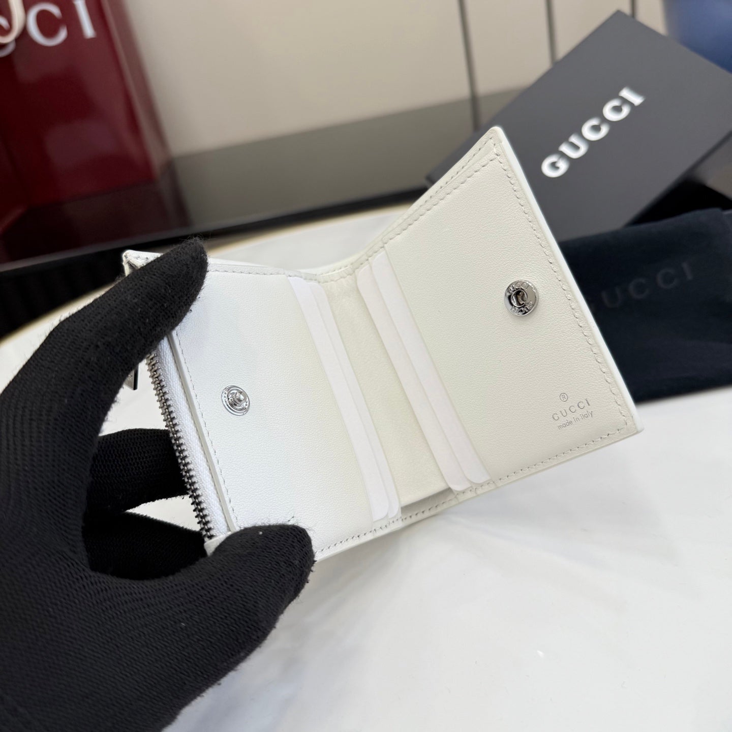 Gucci White Leather Openwork Wallet