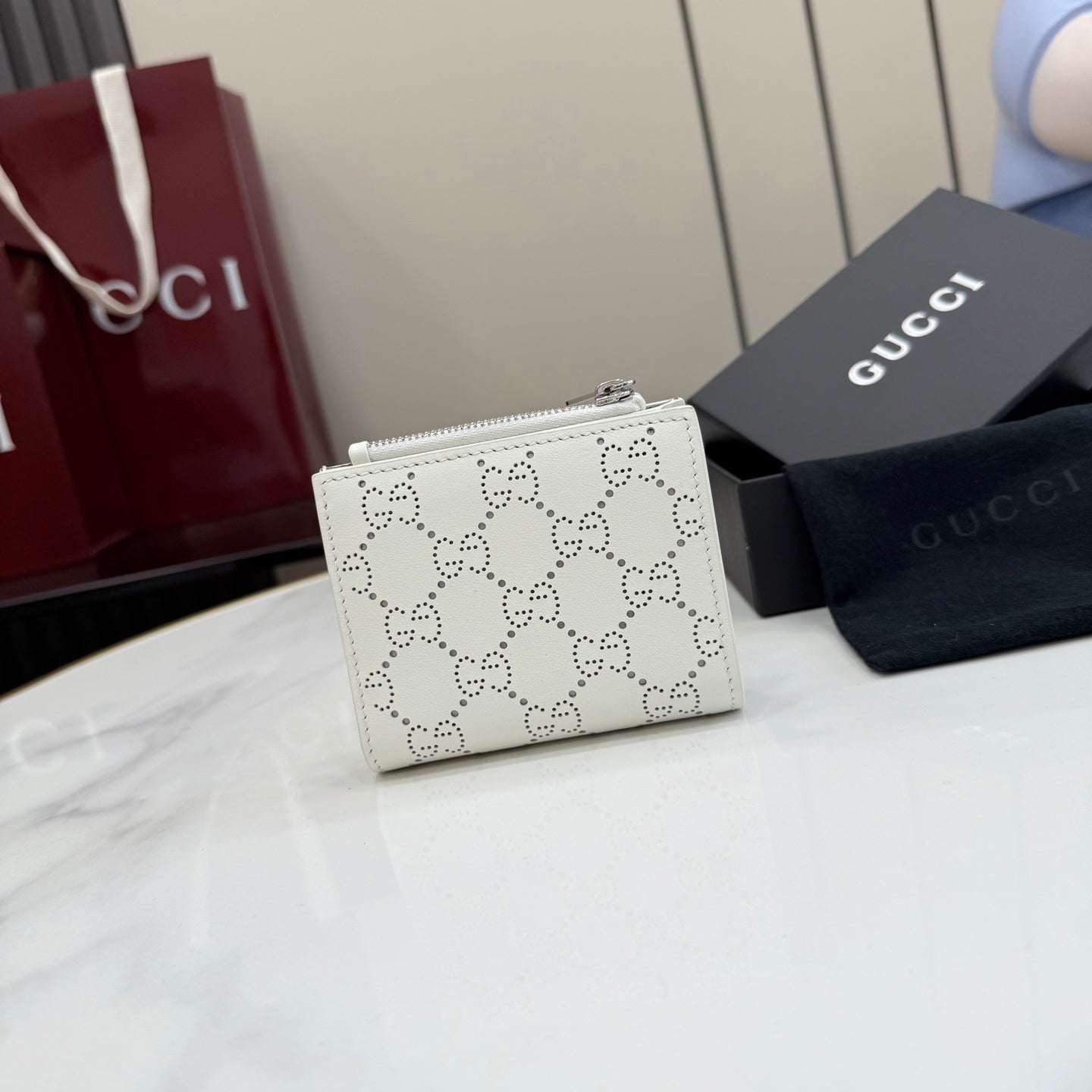 Gucci White Leather Openwork Wallet
