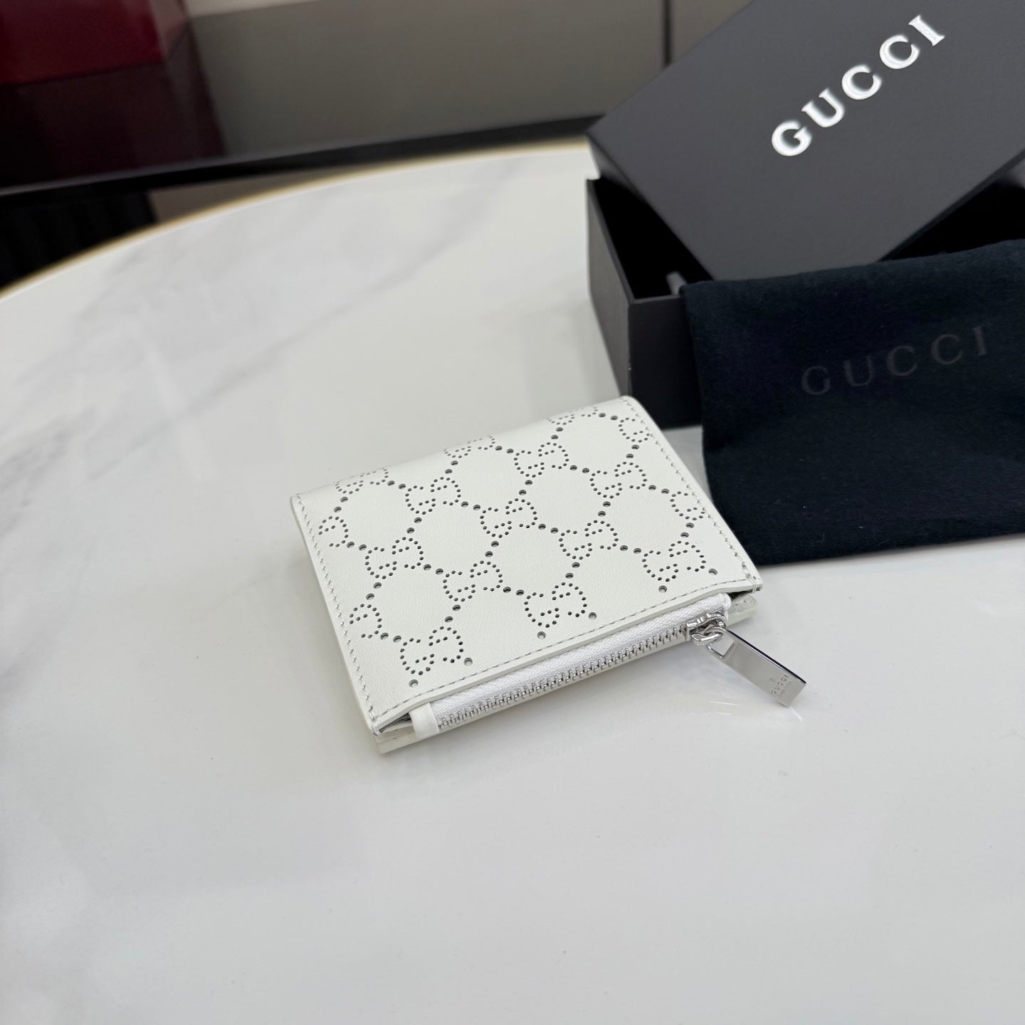 Gucci White Leather Openwork Wallet