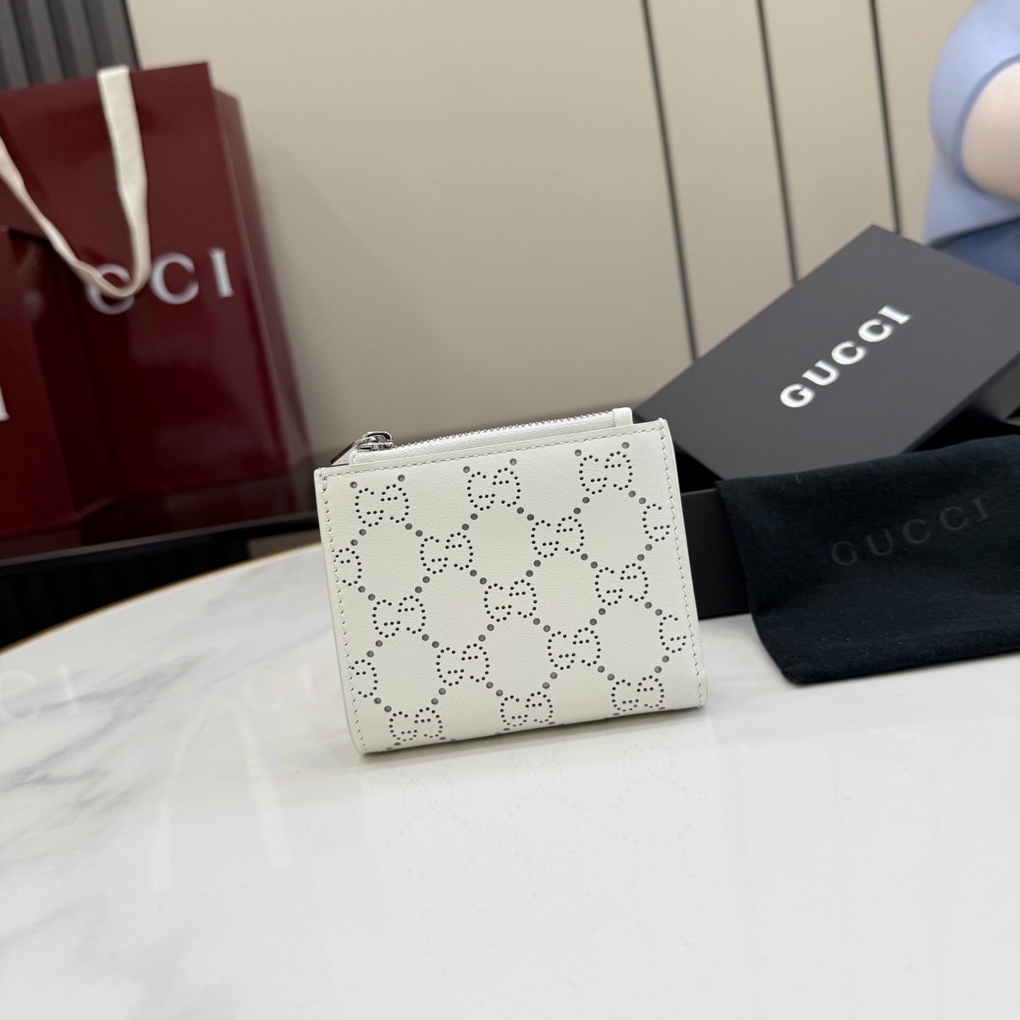 Gucci White Leather Openwork Wallet