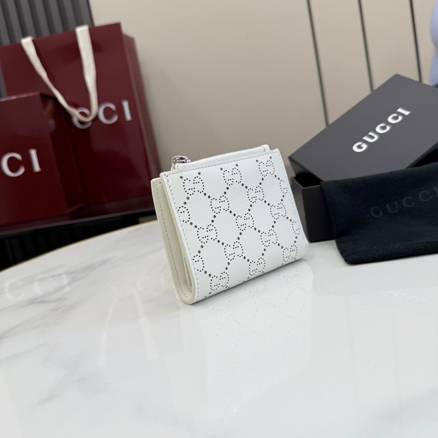 Gucci White Leather Openwork Wallet