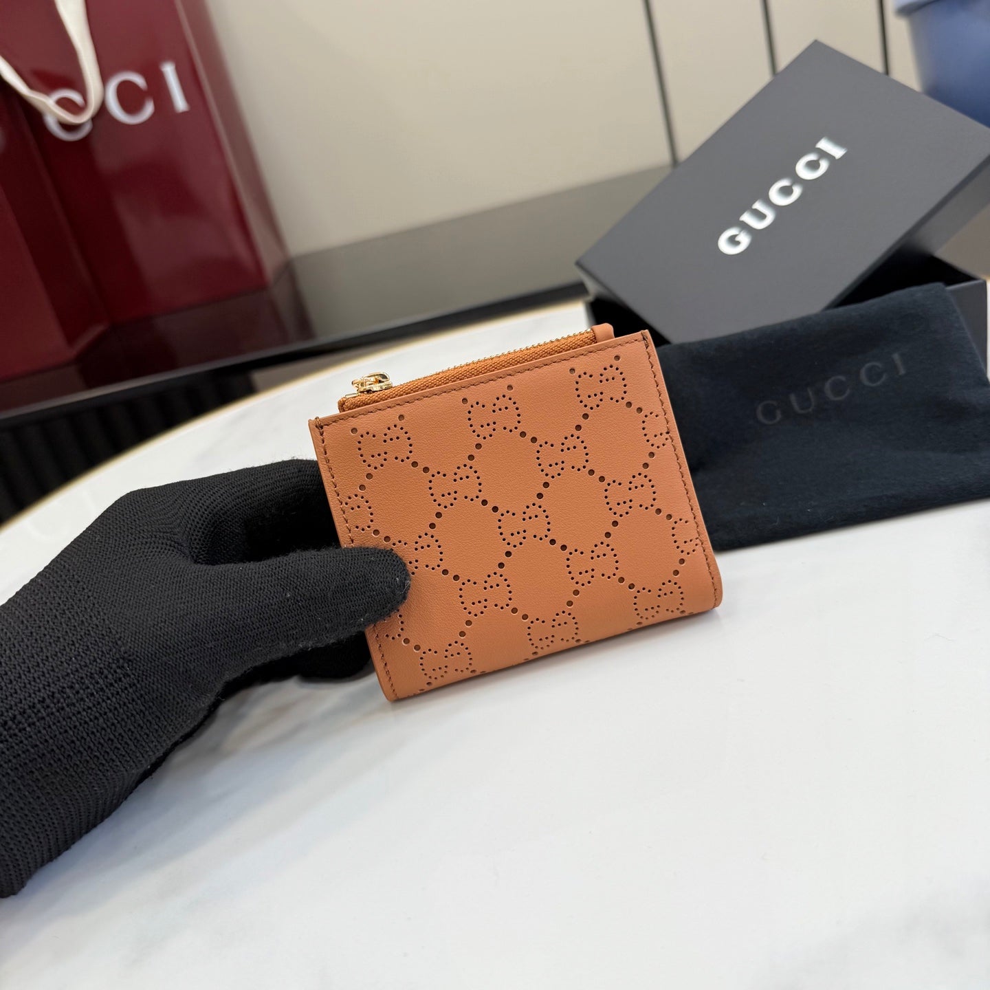 Gucci Brown Leather Openwork Wallet
