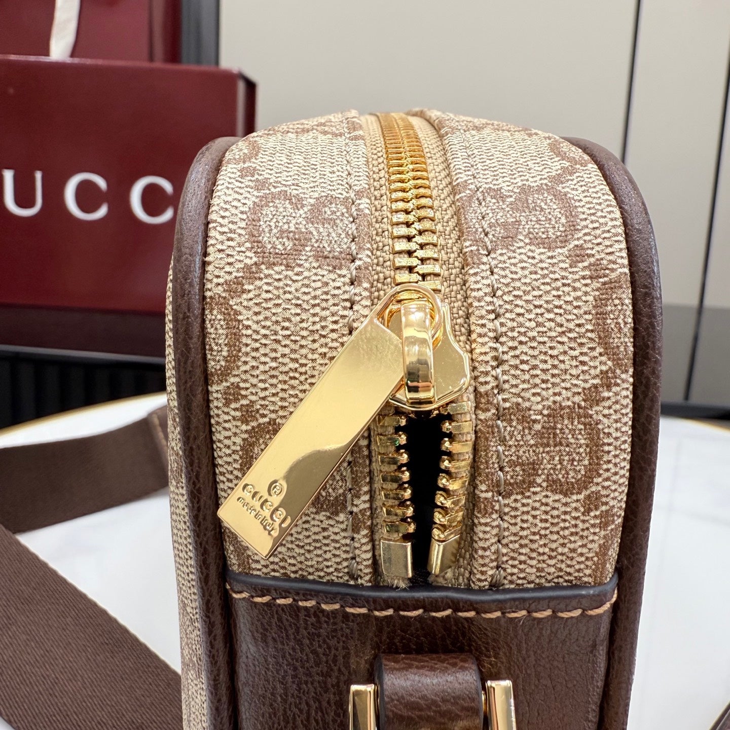 Gucci Brown Leather Striped Crossbody Bag
