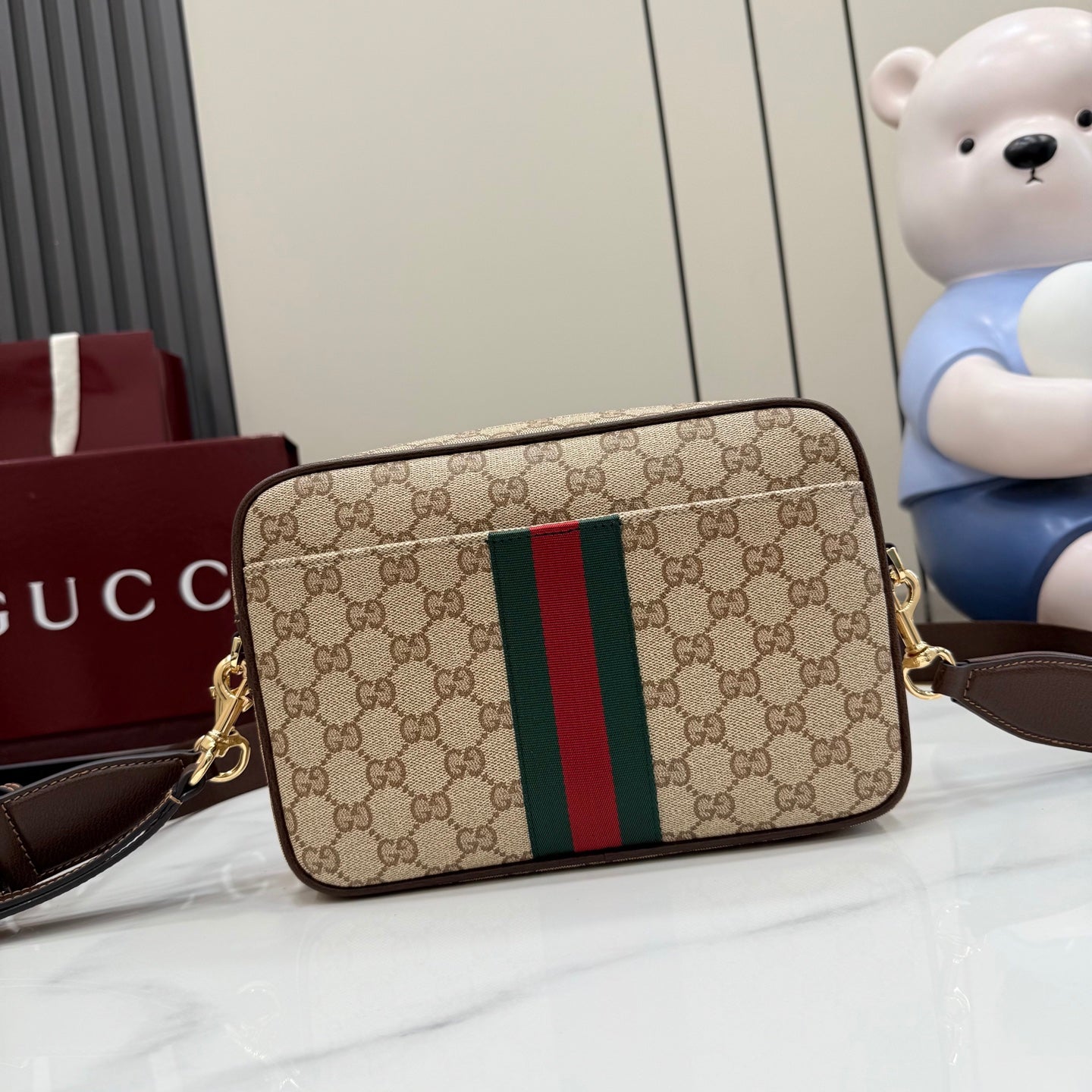 Gucci Brown Leather Striped Crossbody Bag
