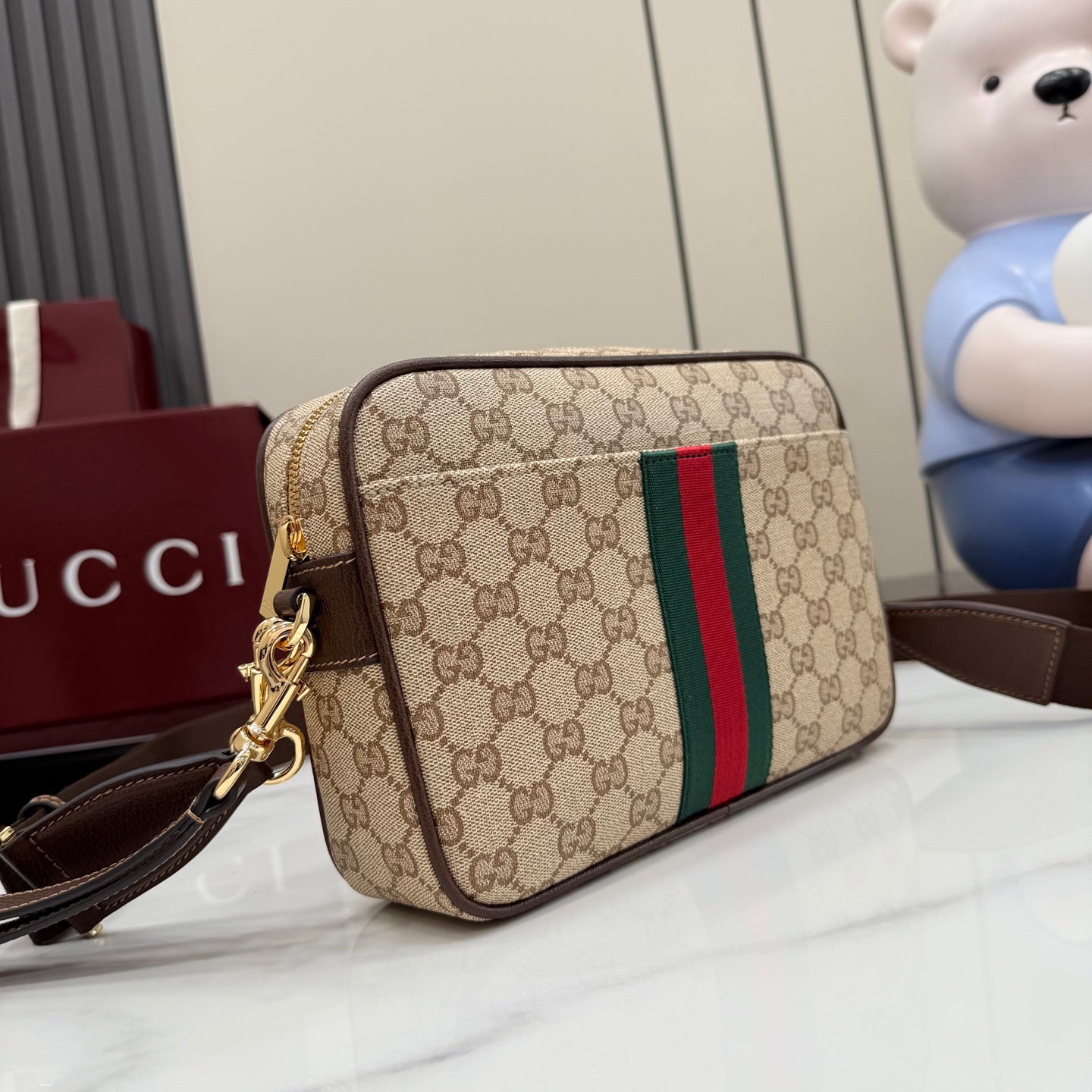 Gucci Brown Leather Striped Crossbody Bag